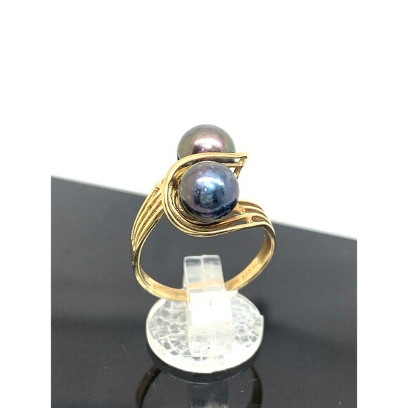 Black Purple Pearl Cocktail Ring 14k Yellow Gold Estate Jewelry Women's Size 6.5 - Picture 3 of 15